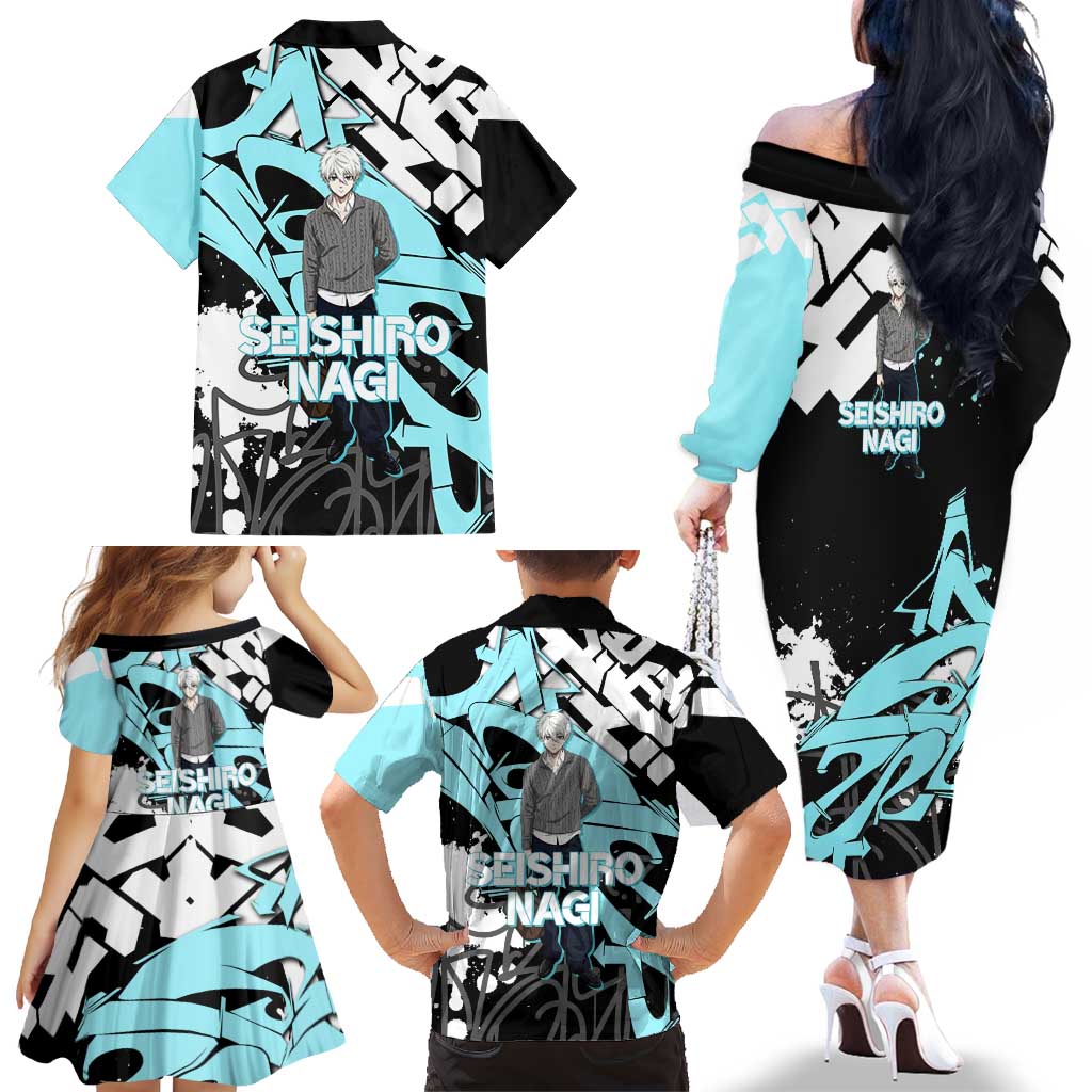 Seishiro Nagi Blue Lock Family Matching Off The Shoulder Long Sleeve Dress and Hawaiian Shirt Light Blue Graffiti Anime Style