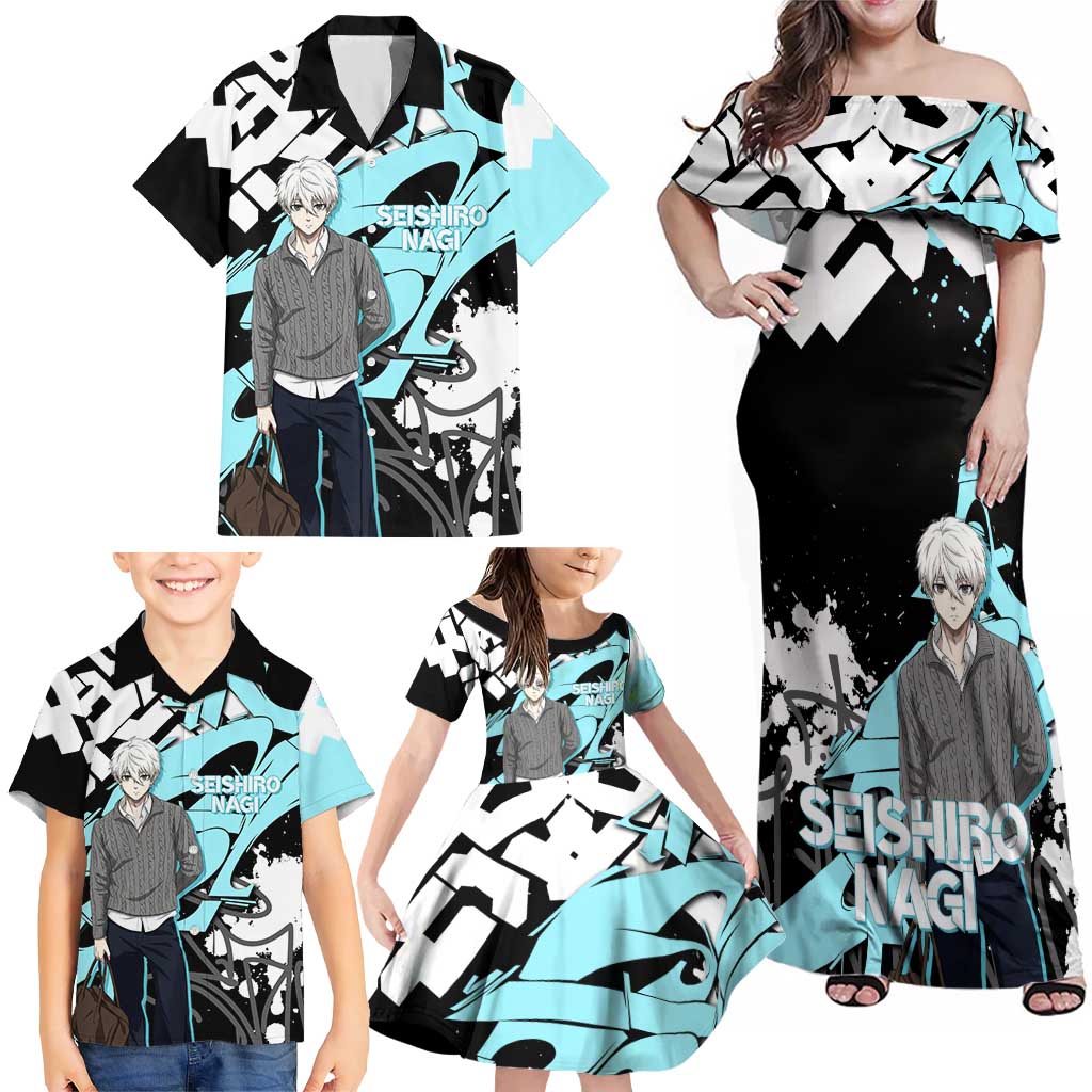 Seishiro Nagi Blue Lock Family Matching Off Shoulder Maxi Dress and Hawaiian Shirt Light Blue Graffiti Anime Style