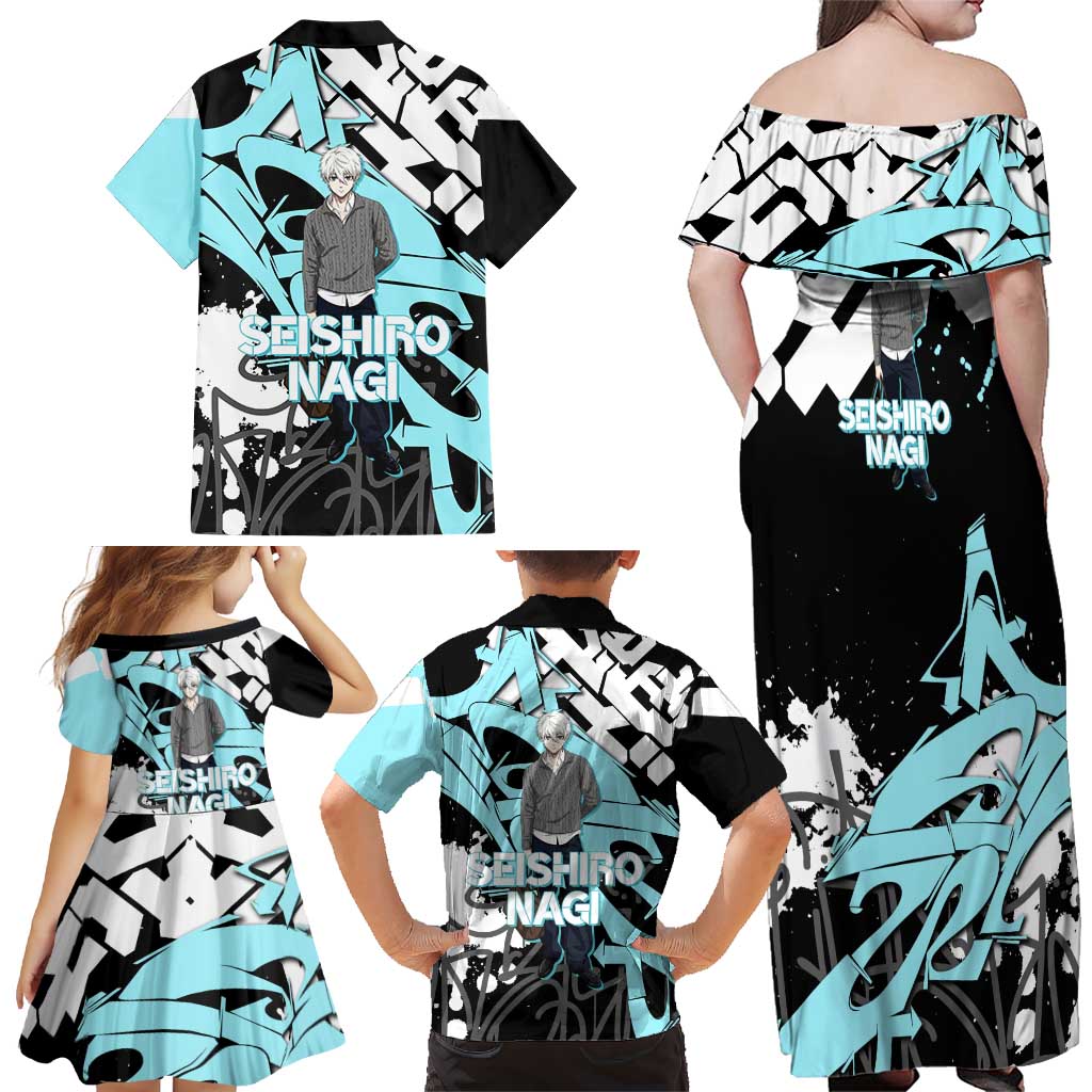 Seishiro Nagi Blue Lock Family Matching Off Shoulder Maxi Dress and Hawaiian Shirt Light Blue Graffiti Anime Style