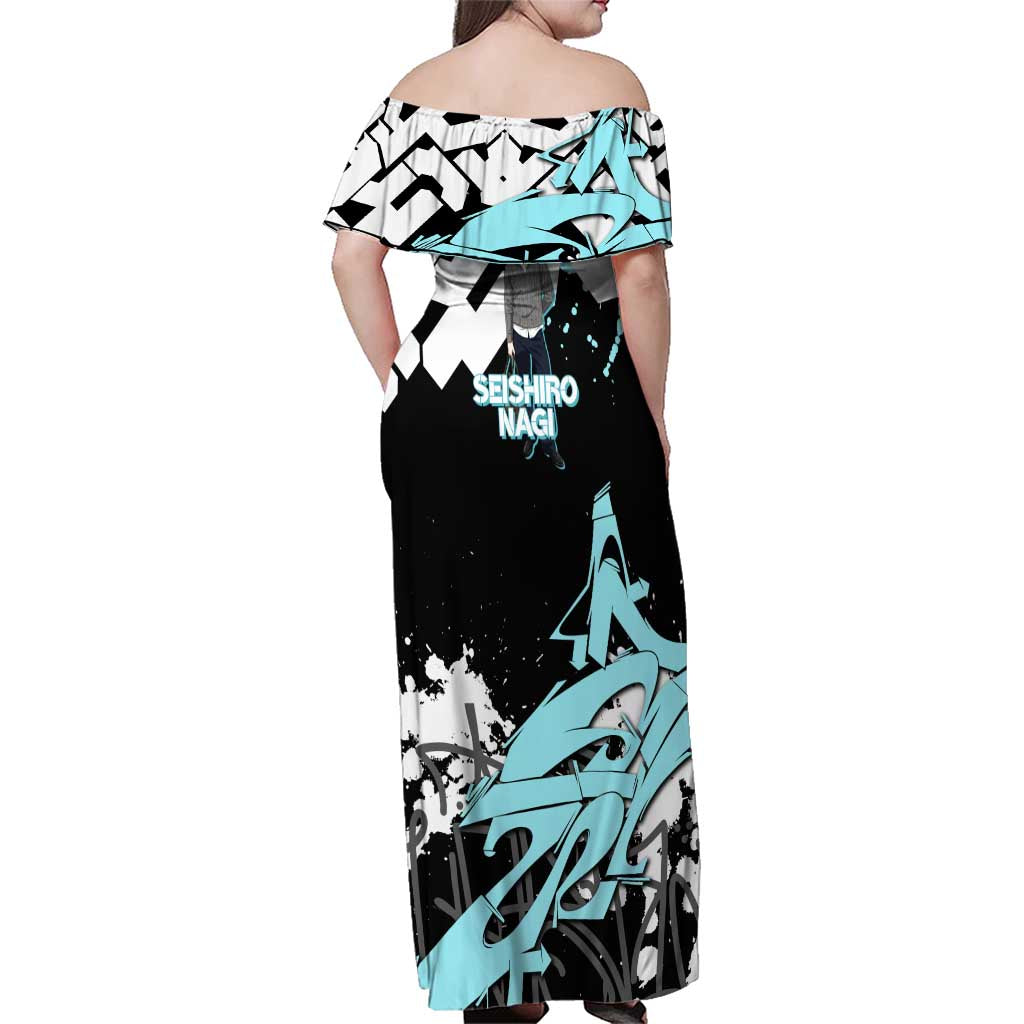 Seishiro Nagi Blue Lock Family Matching Off Shoulder Maxi Dress and Hawaiian Shirt Light Blue Graffiti Anime Style