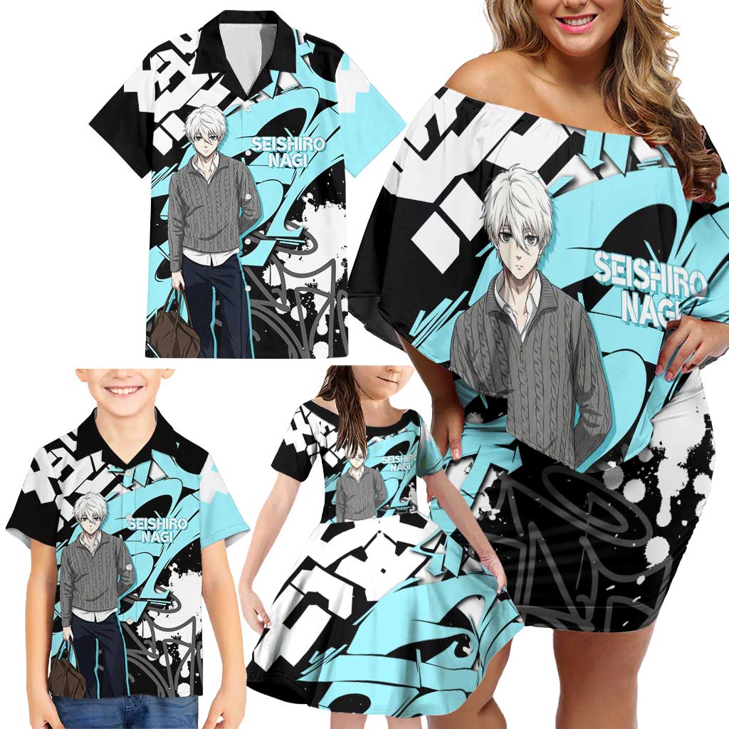 Seishiro Nagi Blue Lock Family Matching Off Shoulder Short Dress and Hawaiian Shirt Light Blue Graffiti Anime Style