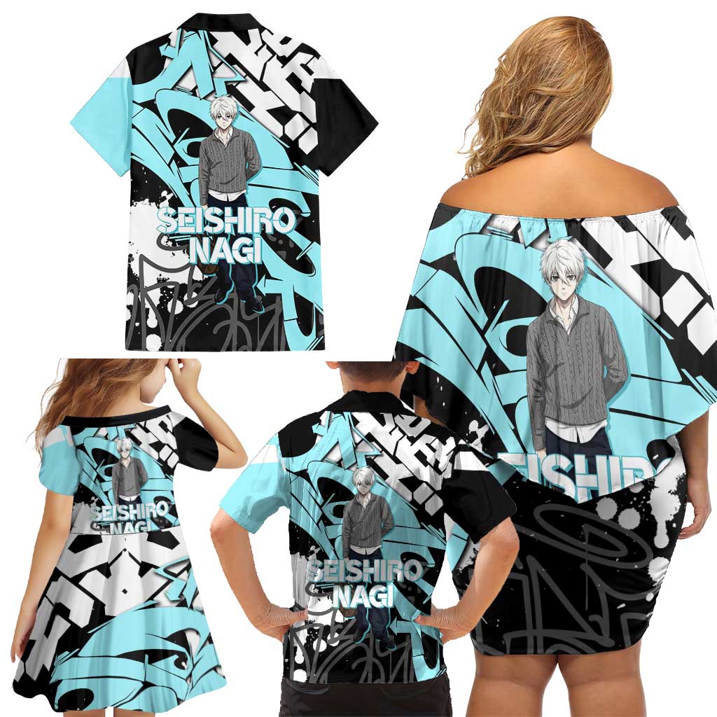 Seishiro Nagi Blue Lock Family Matching Off Shoulder Short Dress and Hawaiian Shirt Light Blue Graffiti Anime Style