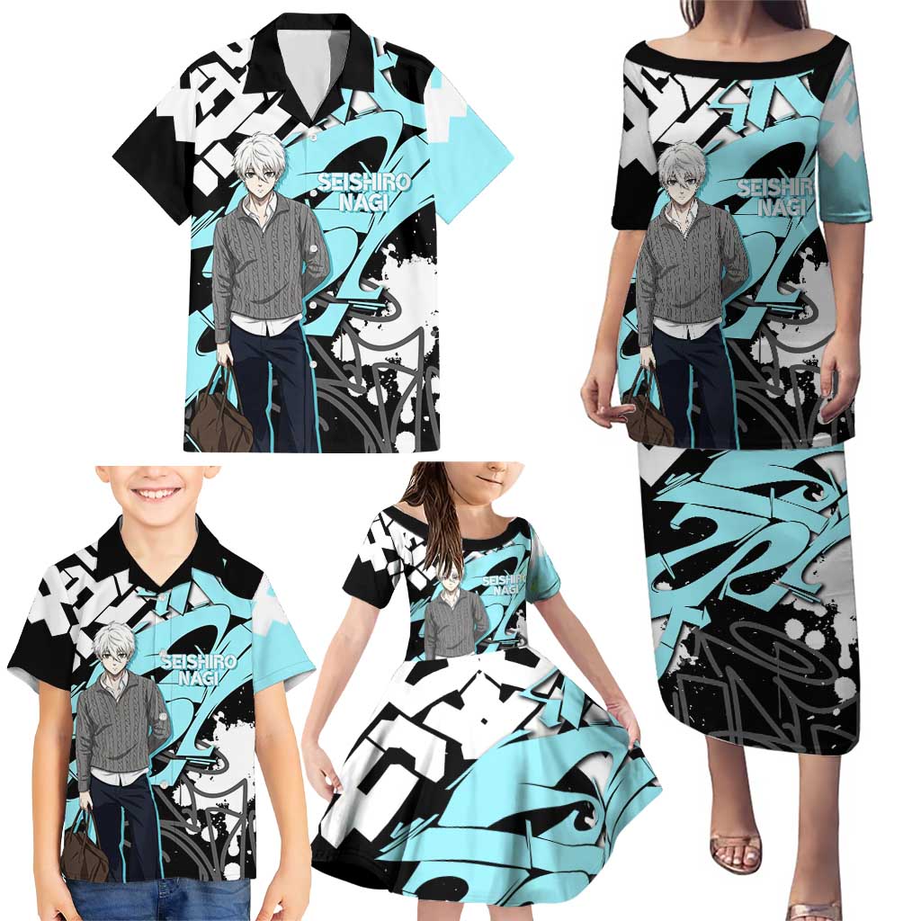 Seishiro Nagi Blue Lock Family Matching Puletasi and Hawaiian Shirt Light Blue Graffiti Anime Style
