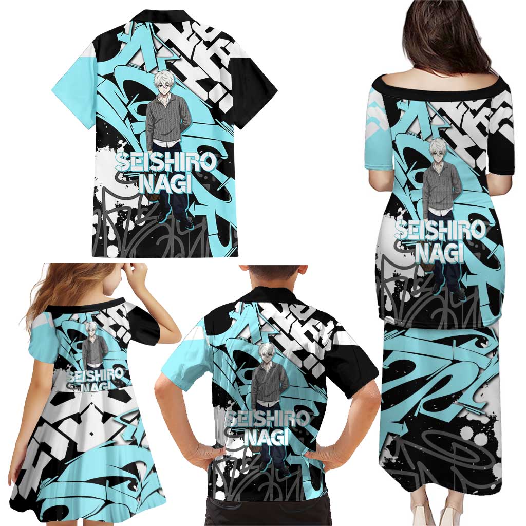 Seishiro Nagi Blue Lock Family Matching Puletasi and Hawaiian Shirt Light Blue Graffiti Anime Style