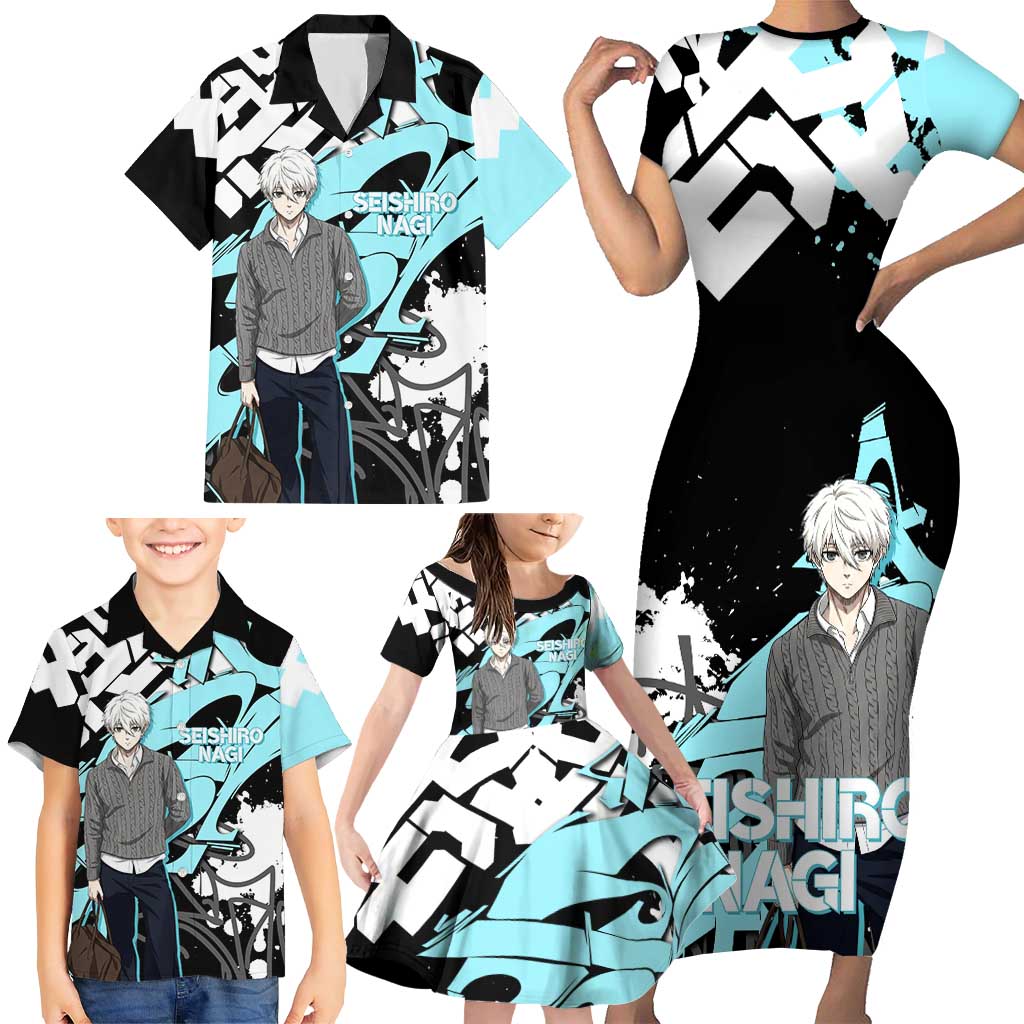 Seishiro Nagi Blue Lock Family Matching Short Sleeve Bodycon Dress and Hawaiian Shirt Light Blue Graffiti Anime Style