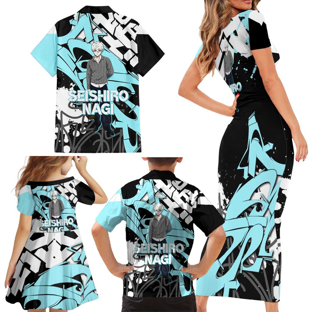 Seishiro Nagi Blue Lock Family Matching Short Sleeve Bodycon Dress and Hawaiian Shirt Light Blue Graffiti Anime Style