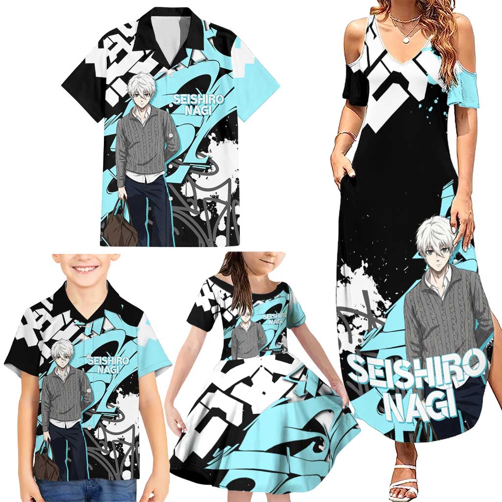 Seishiro Nagi Blue Lock Family Matching Summer Maxi Dress and Hawaiian Shirt Light Blue Graffiti Anime Style