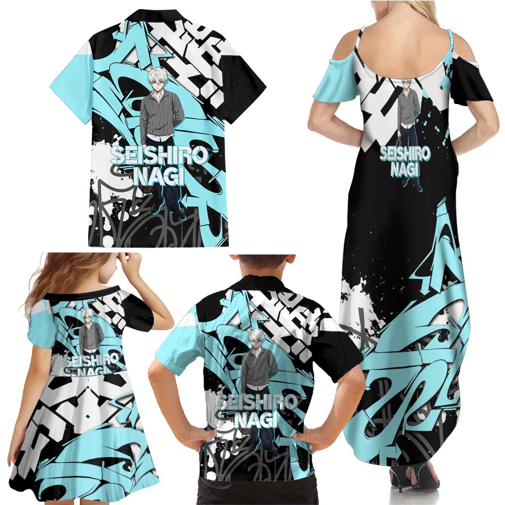 Seishiro Nagi Blue Lock Family Matching Summer Maxi Dress and Hawaiian Shirt Light Blue Graffiti Anime Style