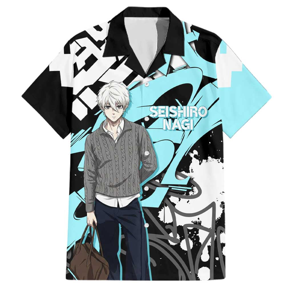 Seishiro Nagi Blue Lock Family Matching Summer Maxi Dress and Hawaiian Shirt Light Blue Graffiti Anime Style