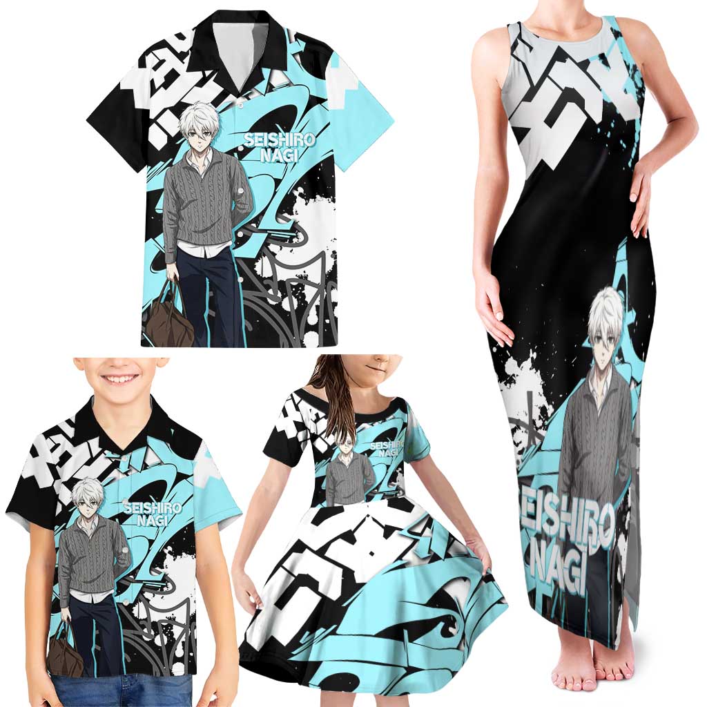 Seishiro Nagi Blue Lock Family Matching Tank Maxi Dress and Hawaiian Shirt Light Blue Graffiti Anime Style