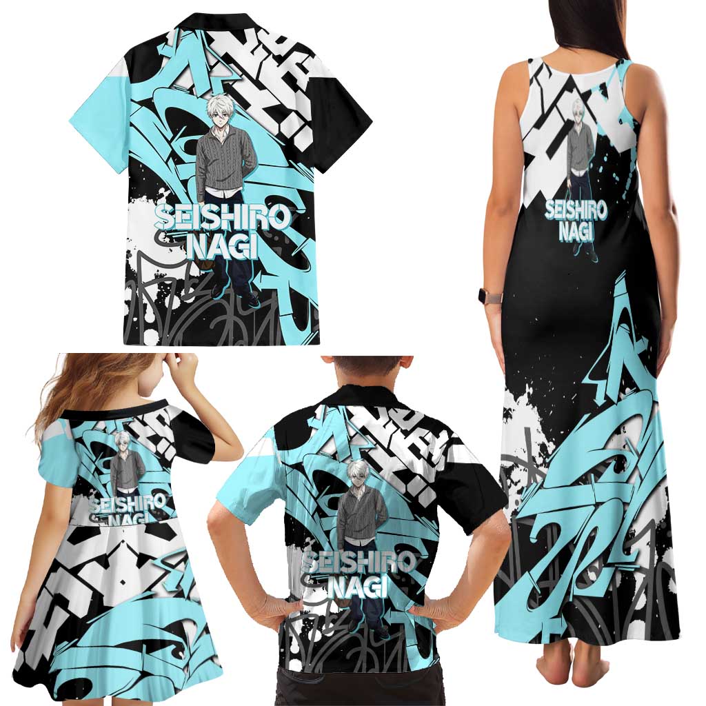 Seishiro Nagi Blue Lock Family Matching Tank Maxi Dress and Hawaiian Shirt Light Blue Graffiti Anime Style