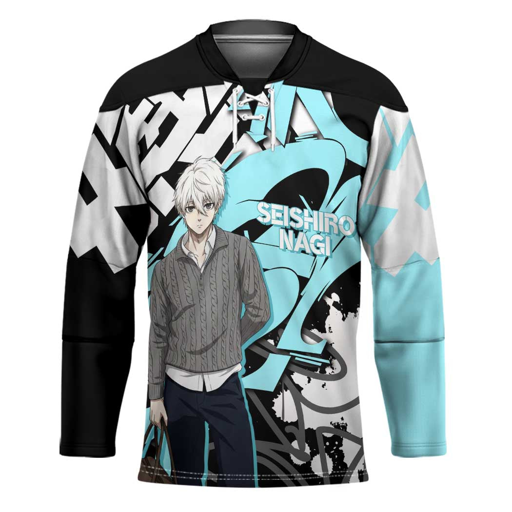 Seishiro Nagi Blue Lock Hockey Jersey Light Blue Graffiti Anime Style