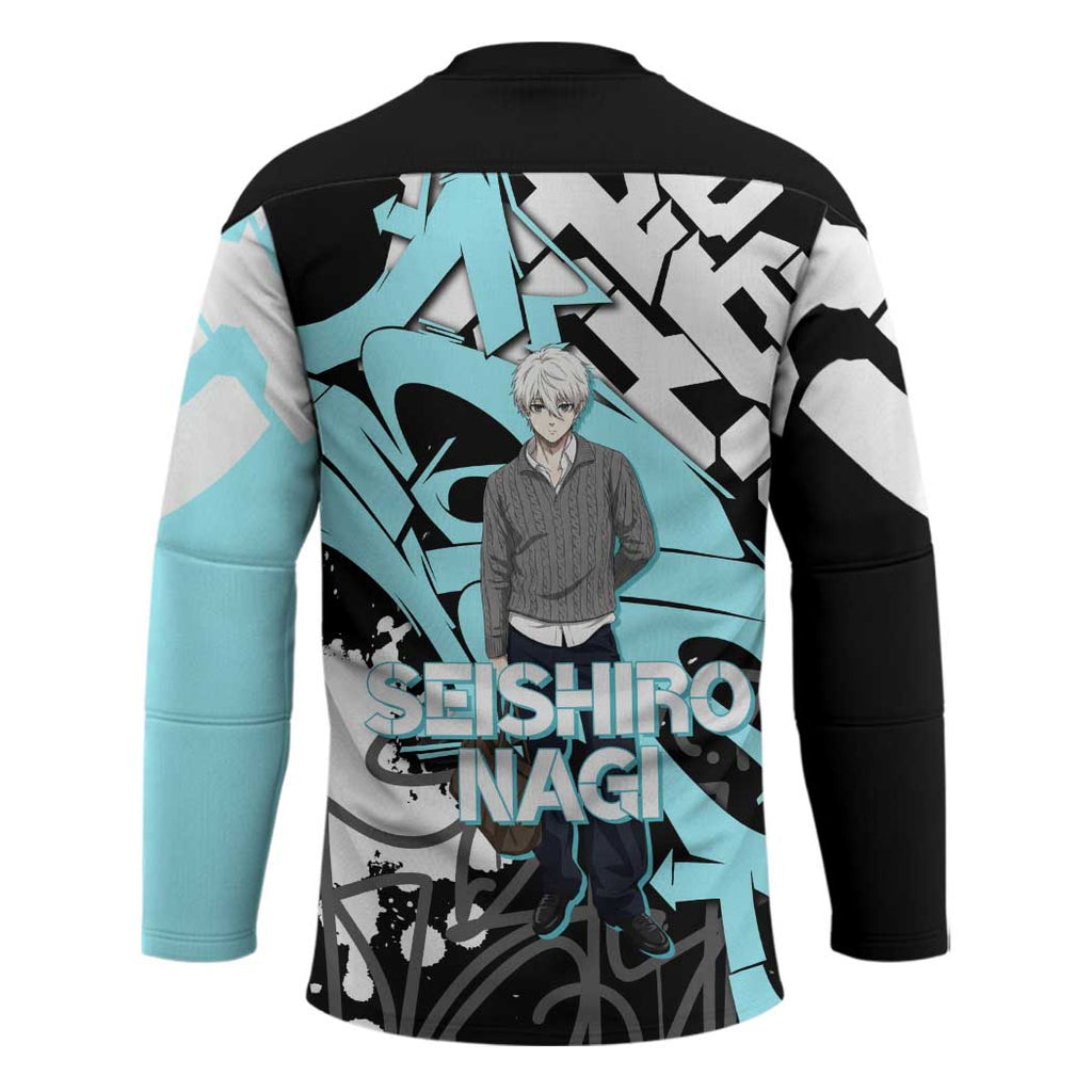 Seishiro Nagi Blue Lock Hockey Jersey Light Blue Graffiti Anime Style