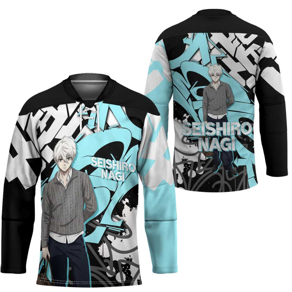 Seishiro Nagi Blue Lock Hockey Jersey Light Blue Graffiti Anime Style
