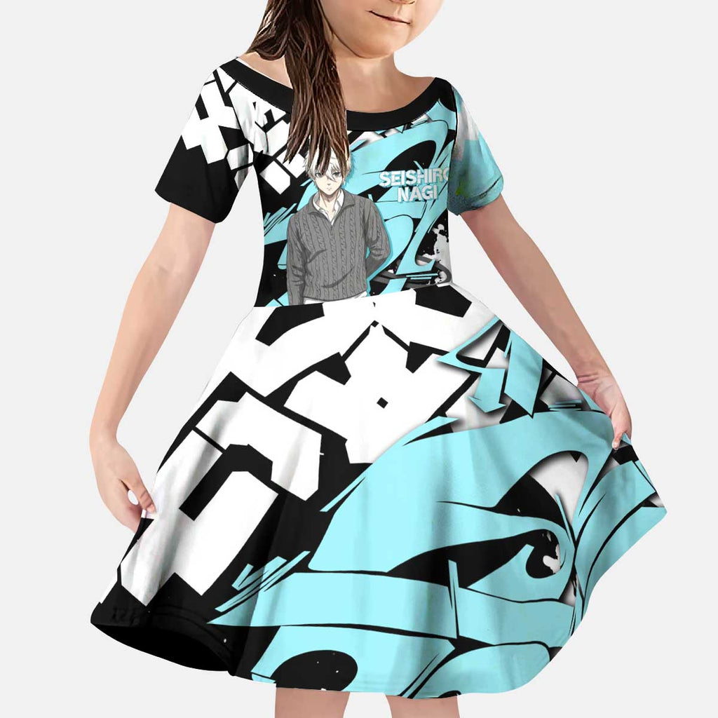 Seishiro Nagi Blue Lock Kid Short Sleeve Dress Light Blue Graffiti Anime Style