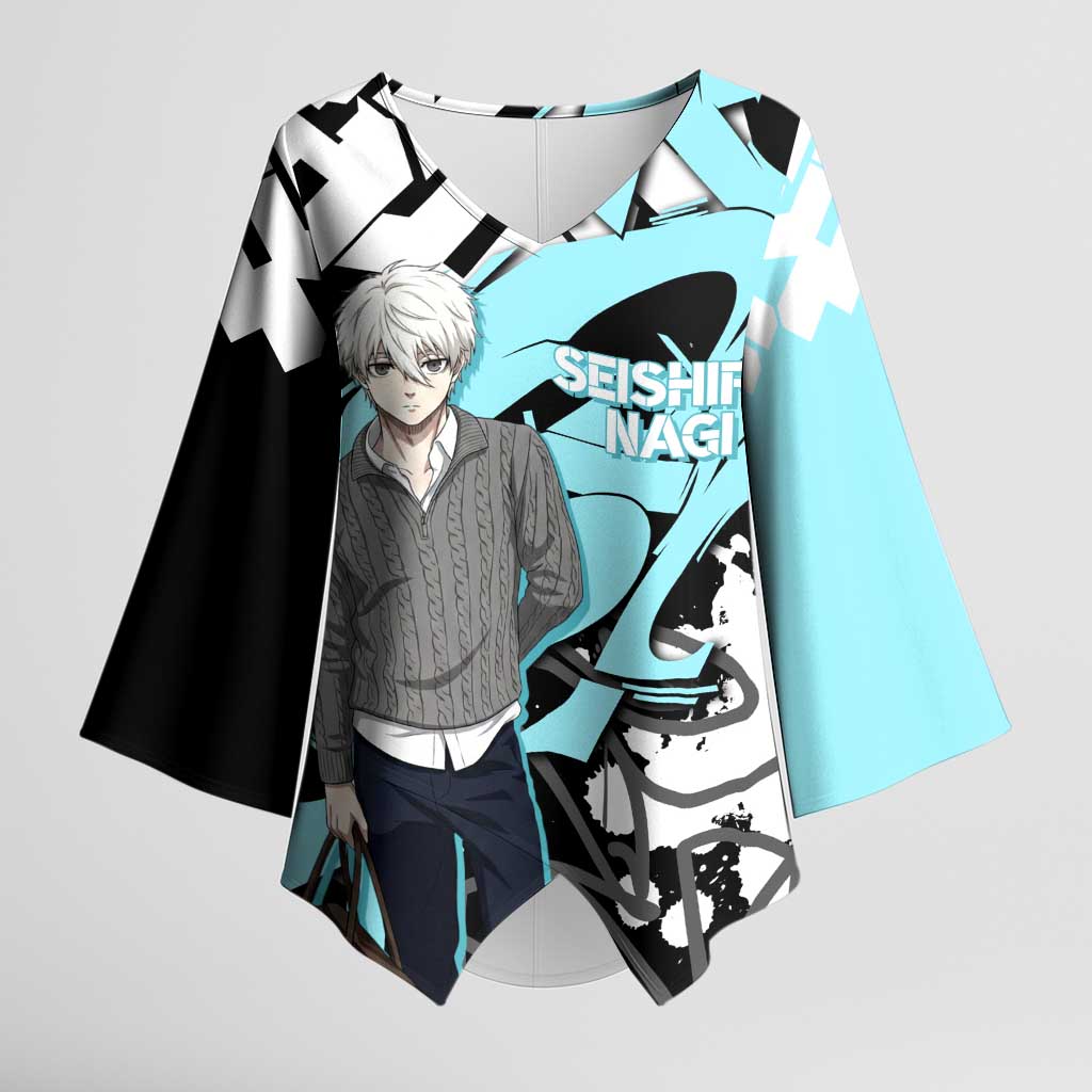 Seishiro Nagi Blue Lock Kimono Sleeve Blouse Light Blue Graffiti Anime Style