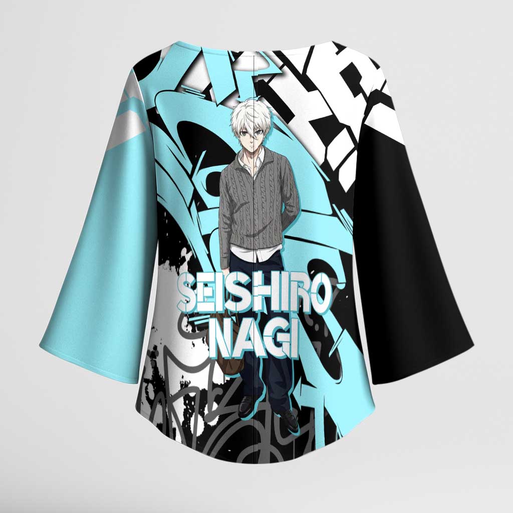 Seishiro Nagi Blue Lock Kimono Sleeve Blouse Light Blue Graffiti Anime Style