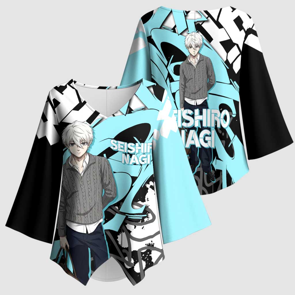 Seishiro Nagi Blue Lock Kimono Sleeve Blouse Light Blue Graffiti Anime Style
