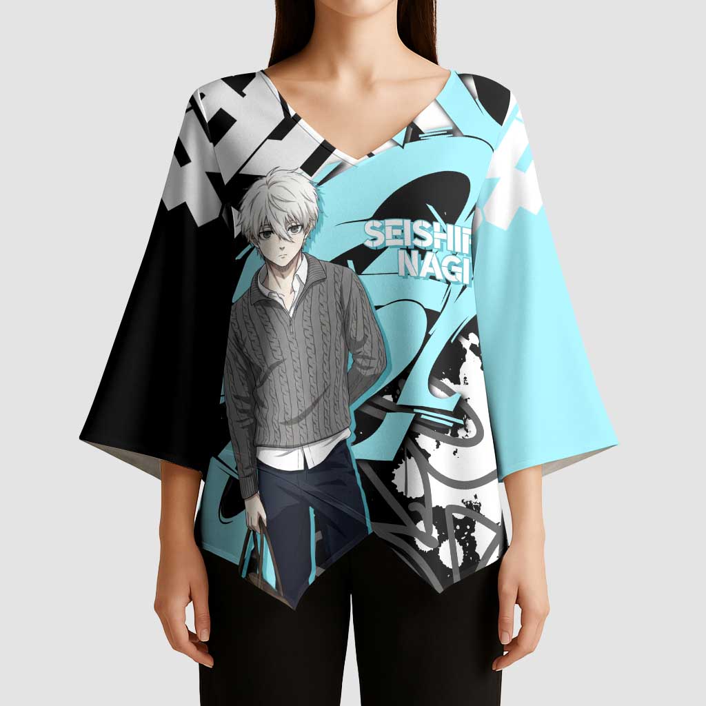 Seishiro Nagi Blue Lock Kimono Sleeve Blouse Light Blue Graffiti Anime Style