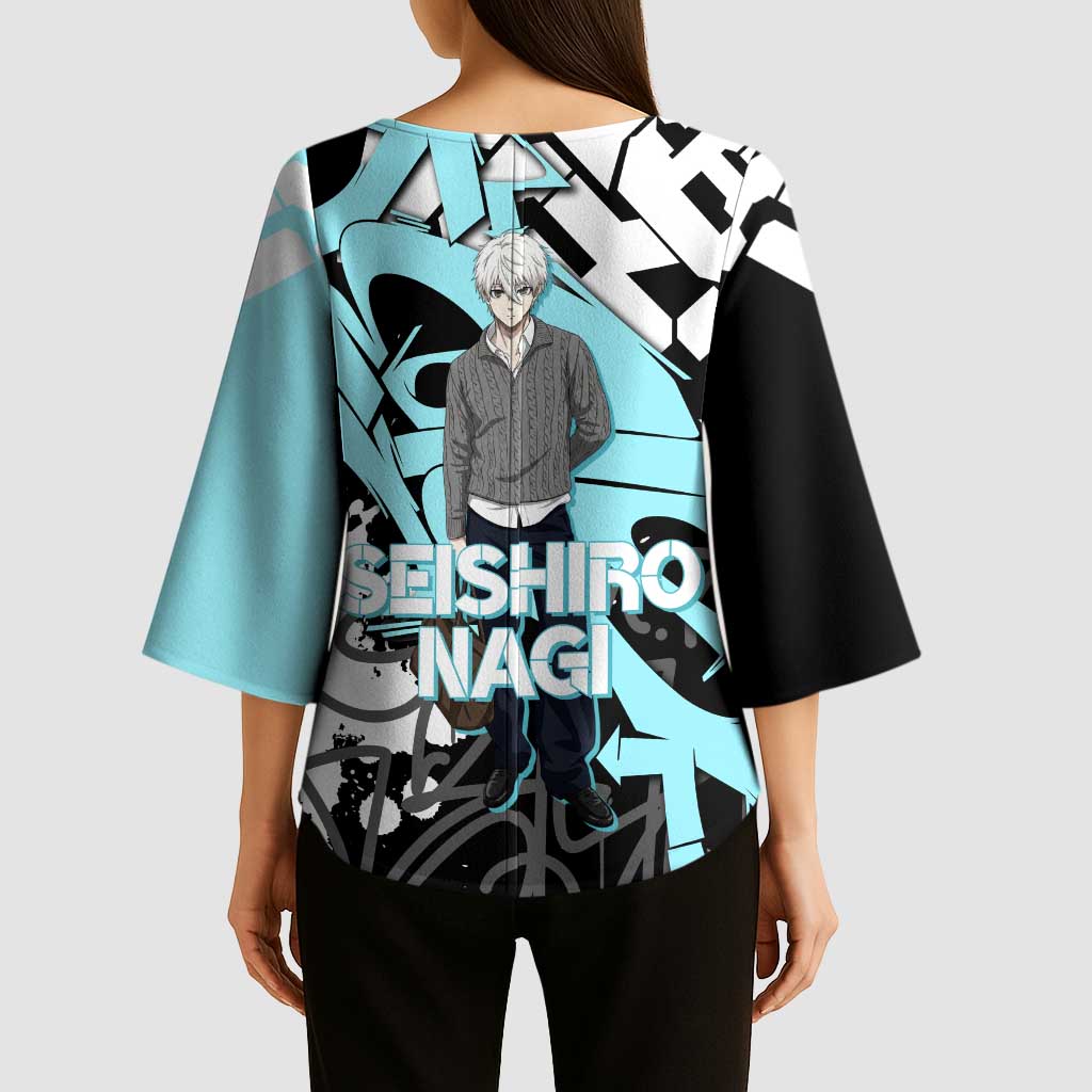 Seishiro Nagi Blue Lock Kimono Sleeve Blouse Light Blue Graffiti Anime Style