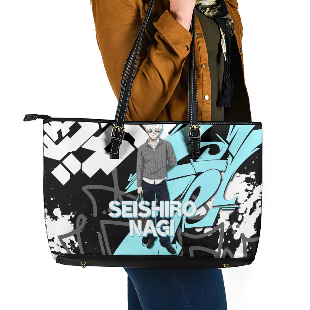 Seishiro Nagi Blue Lock Leather Tote Bag Light Blue Graffiti Anime Style
