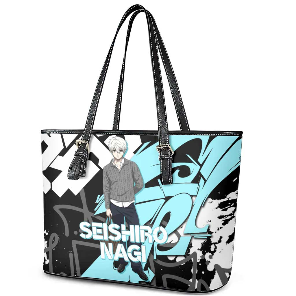 Seishiro Nagi Blue Lock Leather Tote Bag Light Blue Graffiti Anime Style