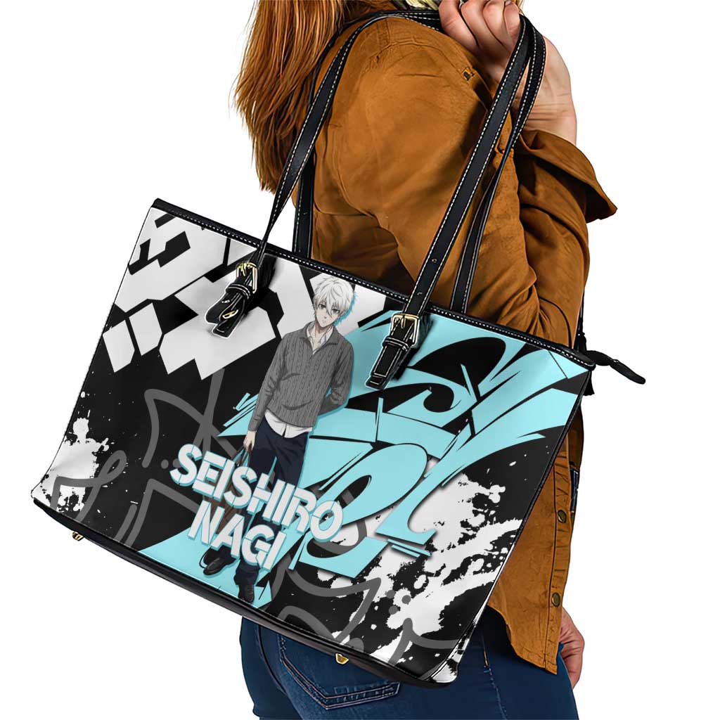 Seishiro Nagi Blue Lock Leather Tote Bag Light Blue Graffiti Anime Style