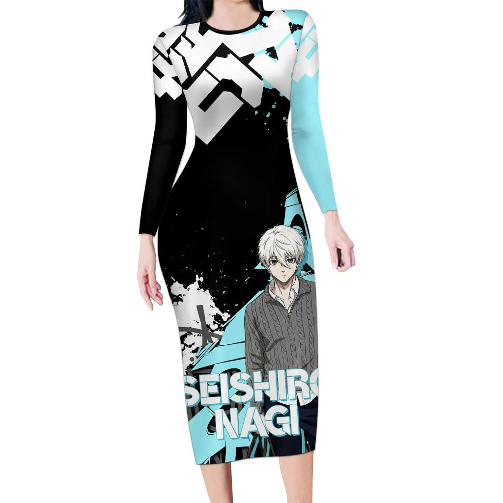 Seishiro Nagi Blue Lock Long Sleeve Bodycon Dress Light Blue Graffiti Anime Style