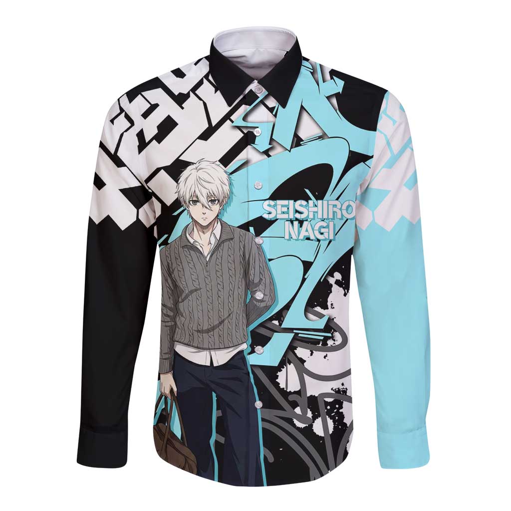 Seishiro Nagi Blue Lock Long Sleeve Button Shirt Light Blue Graffiti Anime Style