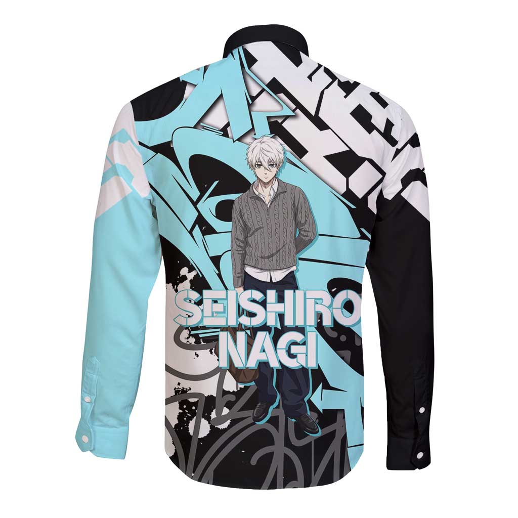 Seishiro Nagi Blue Lock Long Sleeve Button Shirt Light Blue Graffiti Anime Style
