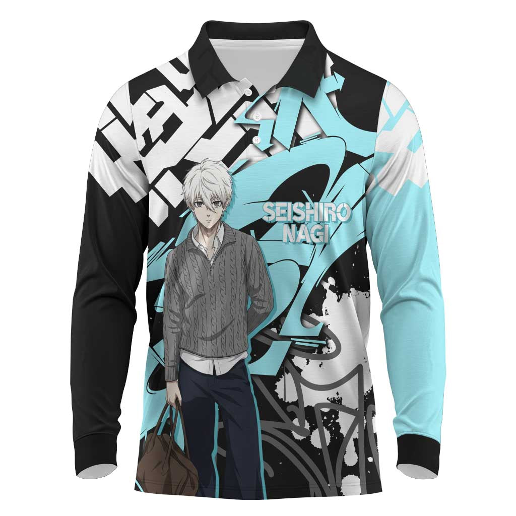 Seishiro Nagi Blue Lock Long Sleeve Polo Shirt Light Blue Graffiti Anime Style