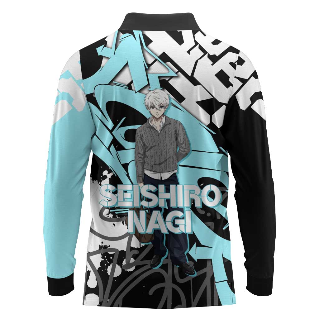 Seishiro Nagi Blue Lock Long Sleeve Polo Shirt Light Blue Graffiti Anime Style