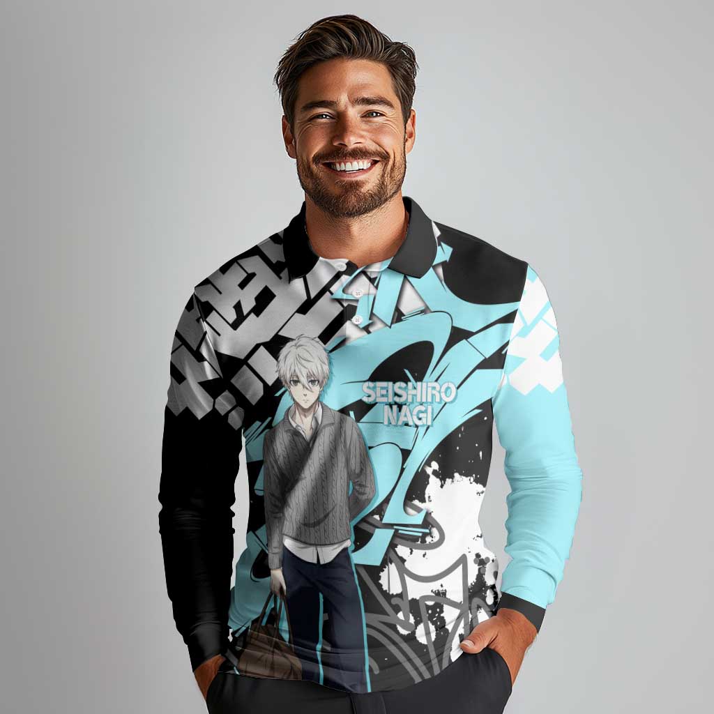 Seishiro Nagi Blue Lock Long Sleeve Polo Shirt Light Blue Graffiti Anime Style