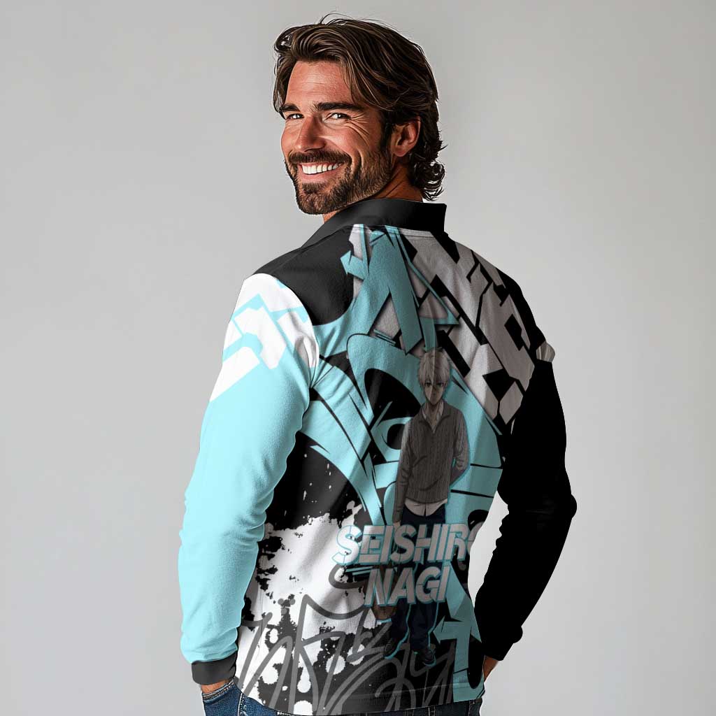 Seishiro Nagi Blue Lock Long Sleeve Polo Shirt Light Blue Graffiti Anime Style
