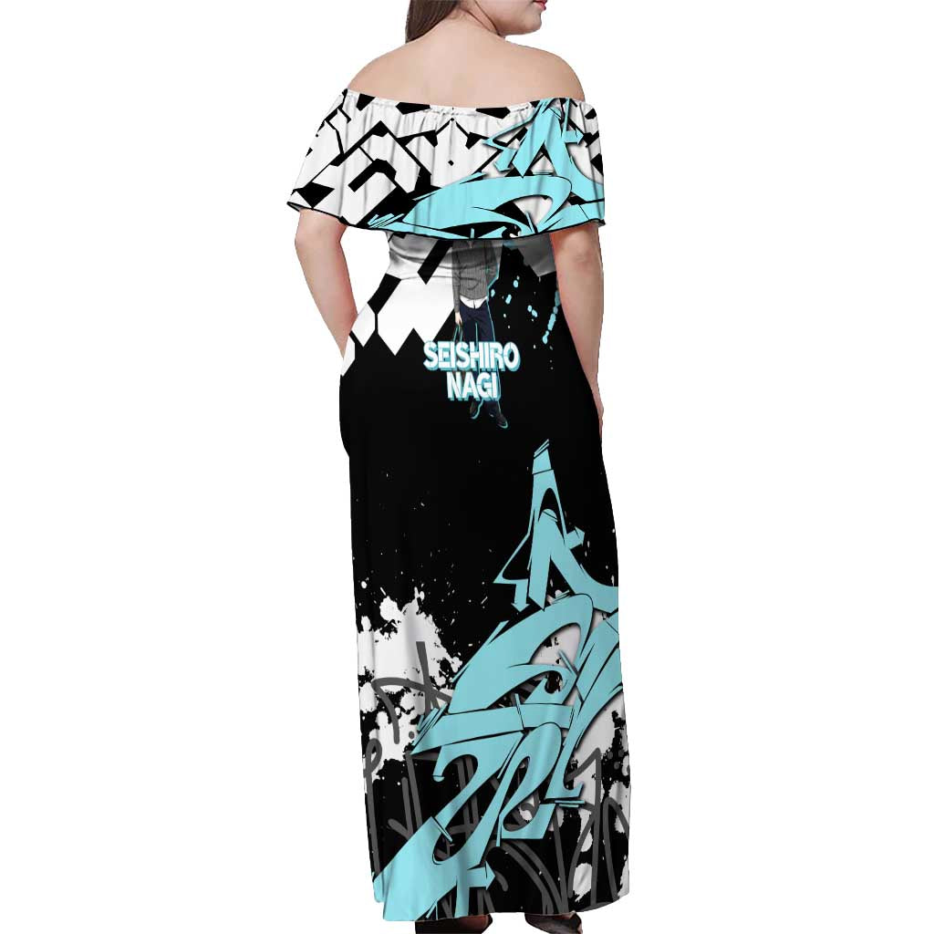 Seishiro Nagi Blue Lock Off Shoulder Maxi Dress Light Blue Graffiti Anime Style