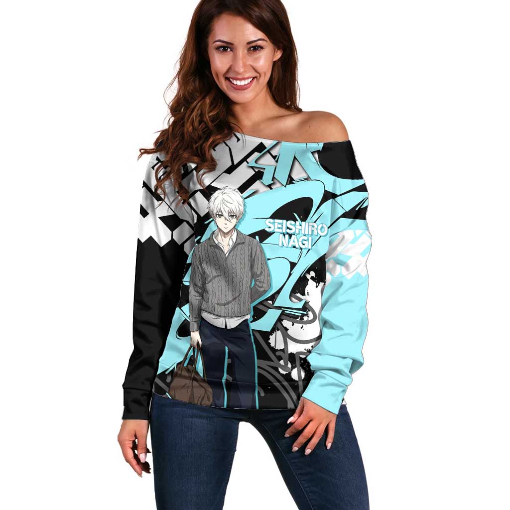 Seishiro Nagi Blue Lock Off Shoulder Sweater Light Blue Graffiti Anime Style