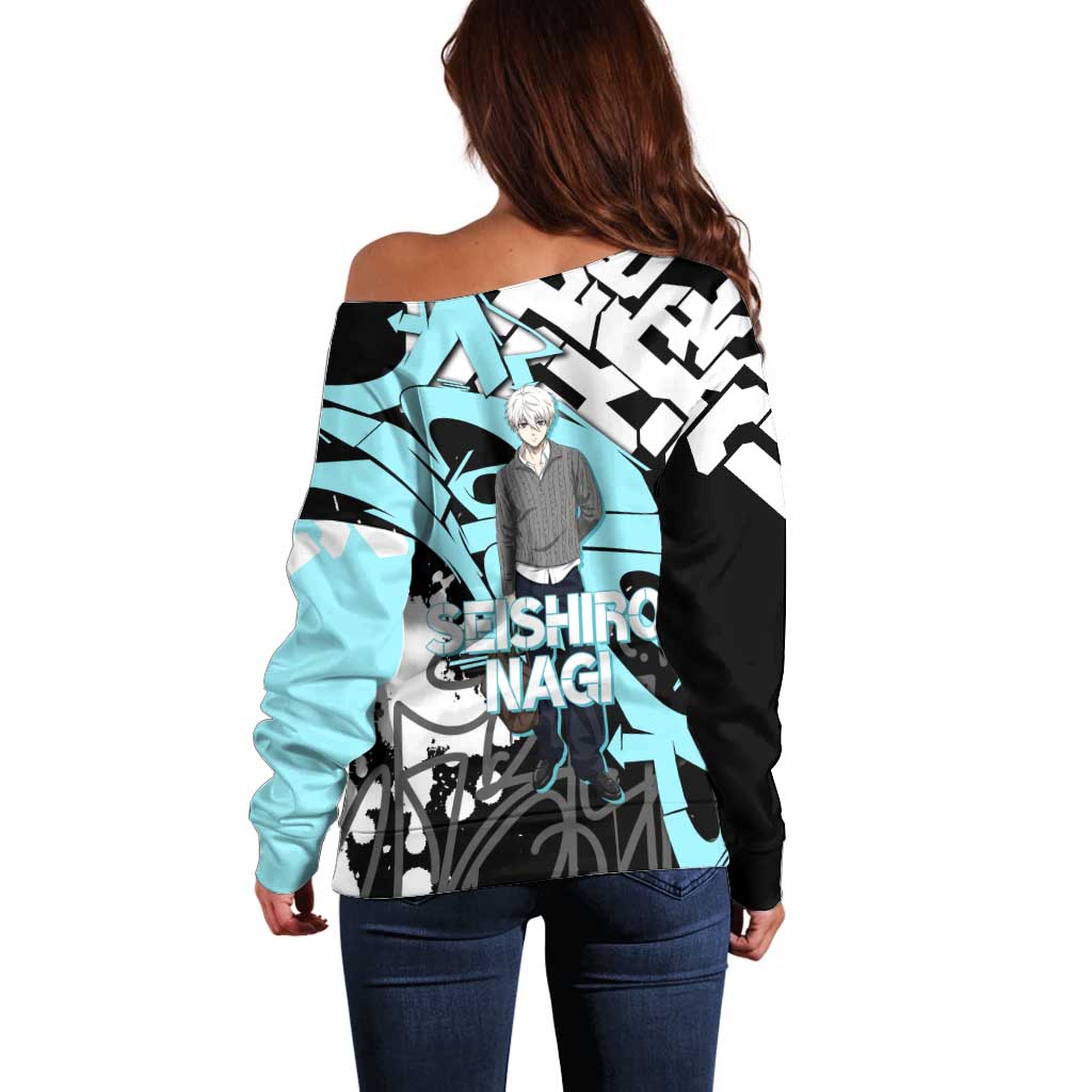 Seishiro Nagi Blue Lock Off Shoulder Sweater Light Blue Graffiti Anime Style