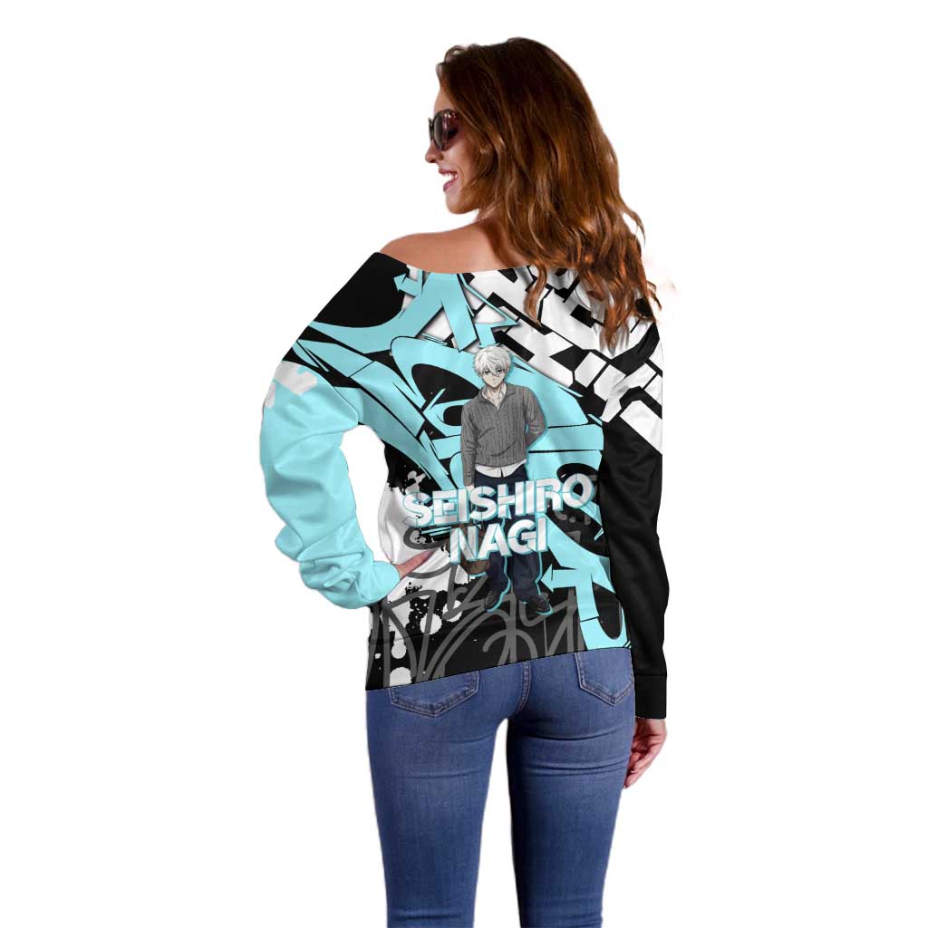 Seishiro Nagi Blue Lock Off Shoulder Sweater Light Blue Graffiti Anime Style