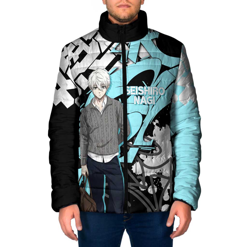 Seishiro Nagi Blue Lock Padded Jacket Light Blue Graffiti Anime Style