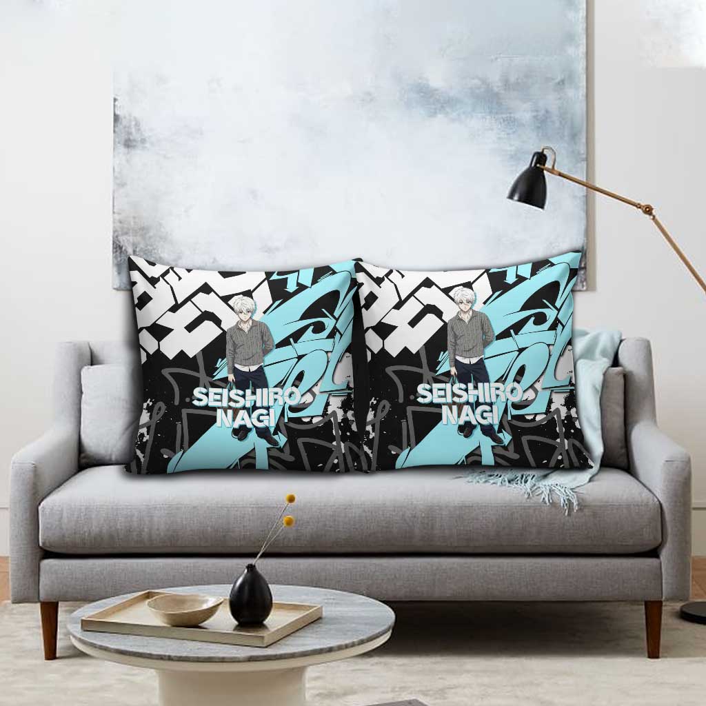 Seishiro Nagi Blue Lock Pillow Cover Light Blue Graffiti Anime Style