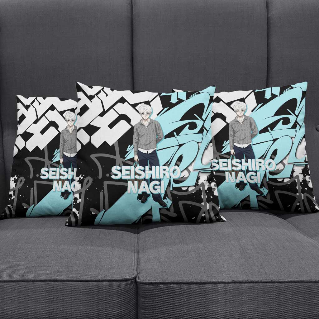 Seishiro Nagi Blue Lock Pillow Cover Light Blue Graffiti Anime Style