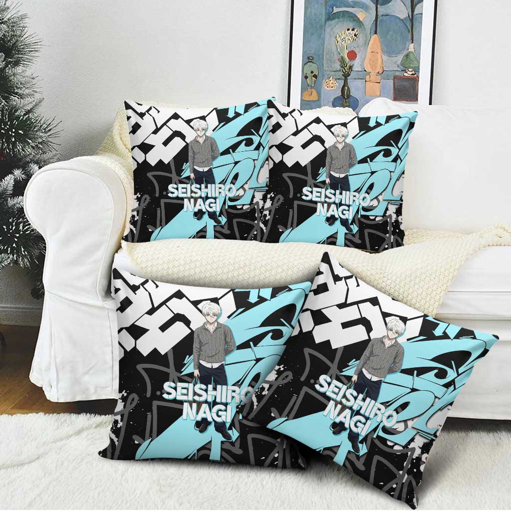 Seishiro Nagi Blue Lock Pillow Cover Light Blue Graffiti Anime Style