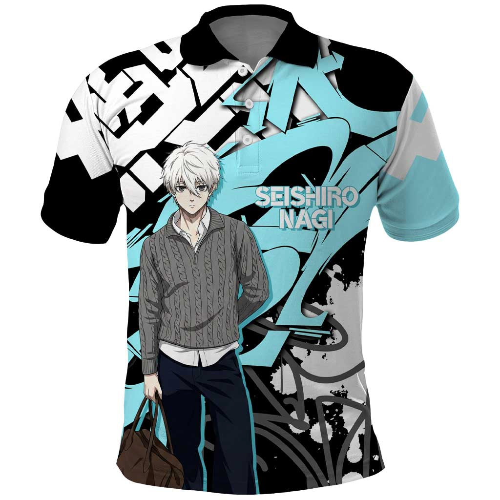 Seishiro Nagi Blue Lock Polo Shirt Light Blue Graffiti Anime Style
