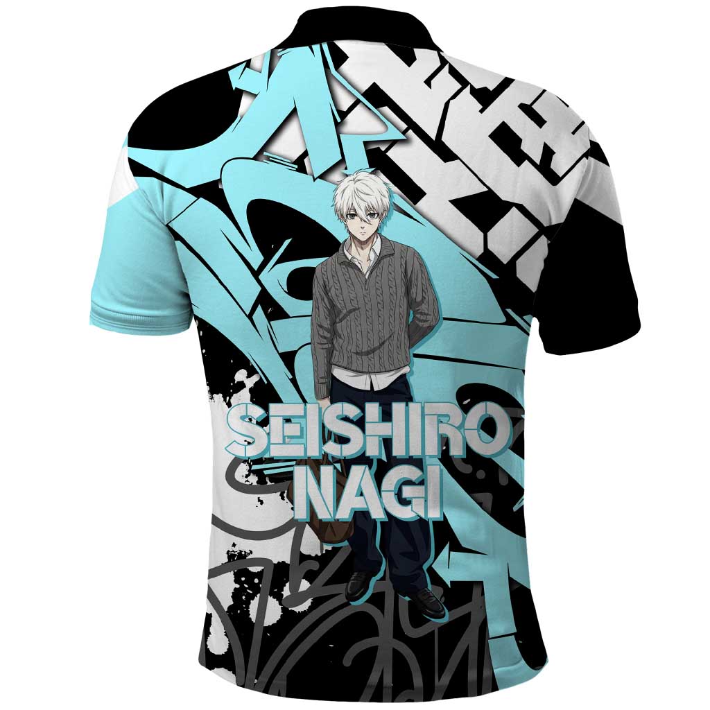 Seishiro Nagi Blue Lock Polo Shirt Light Blue Graffiti Anime Style