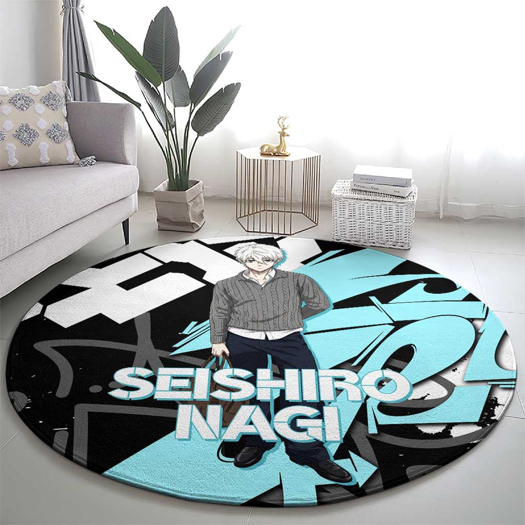 Seishiro Nagi Blue Lock Round Carpet Light Blue Graffiti Anime Style
