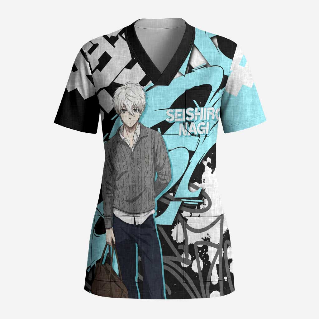 Seishiro Nagi Blue Lock Scrub Top Light Blue Graffiti Anime Style