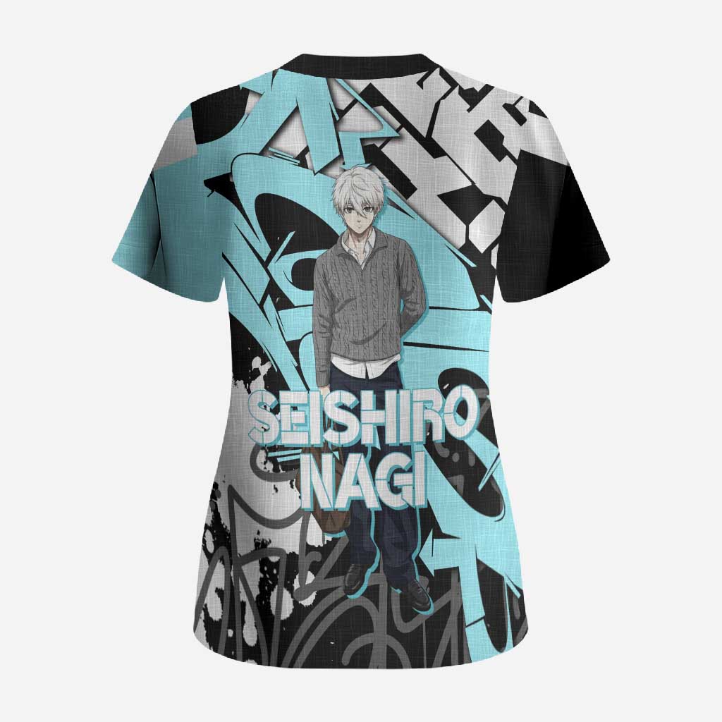 Seishiro Nagi Blue Lock Scrub Top Light Blue Graffiti Anime Style