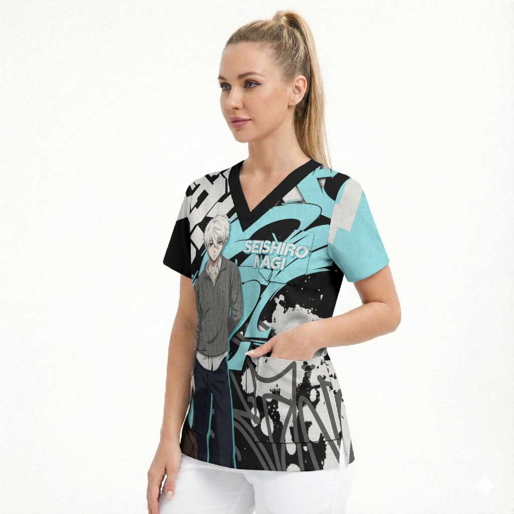 Seishiro Nagi Blue Lock Scrub Top Light Blue Graffiti Anime Style