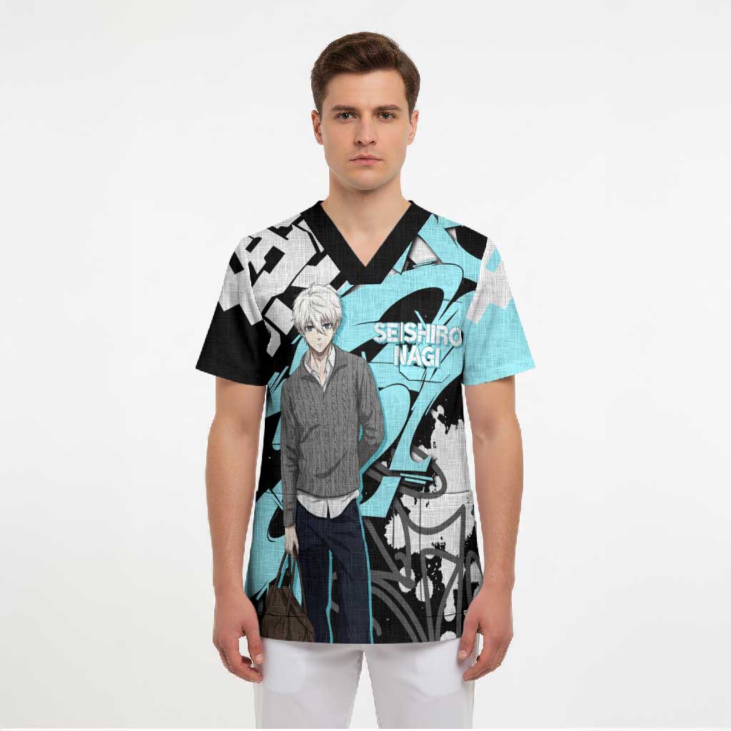 Seishiro Nagi Blue Lock Scrub Top Light Blue Graffiti Anime Style