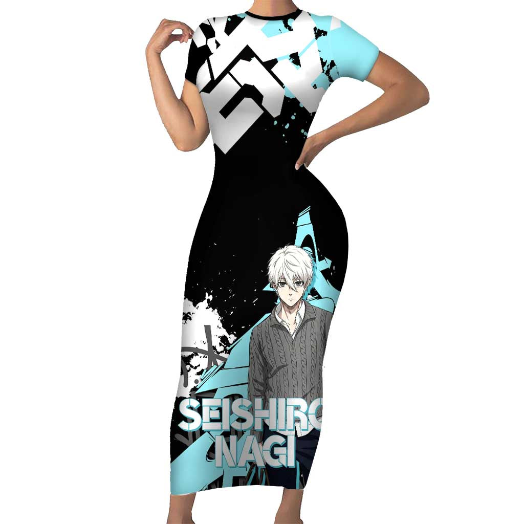 Seishiro Nagi Blue Lock Short Sleeve Bodycon Dress Light Blue Graffiti Anime Style
